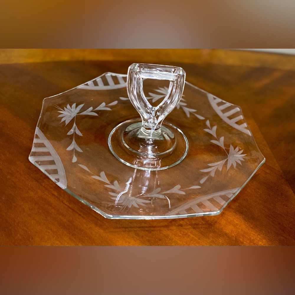 Tray Vintage Serving Glass TRAY withHandle Etched Floral Pattern Octagonal Shape